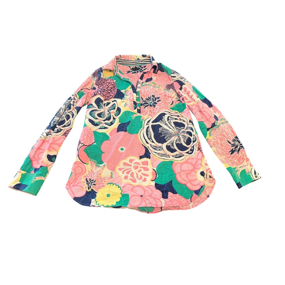 Talbots Womens Pink Navy Floral Cotton Dobby Popover Blouse Long Sleeve Small